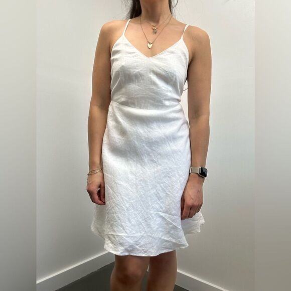 Azulu White Linen Open back Cross Strappy Back Mini Dress A-line Skirt Size 2 - Picture 1 of 12